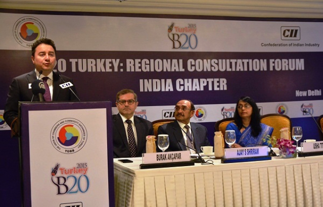 Mr Ali Babacan, Deputy Prime Minister, Türkiye, Burak Akçapar, Ambassador of Türkiye, Mr Ajay S Shriram, President CII at the B20 Türkiye Regional Consultation Forum (New Delhi, 6th April, 2015)
